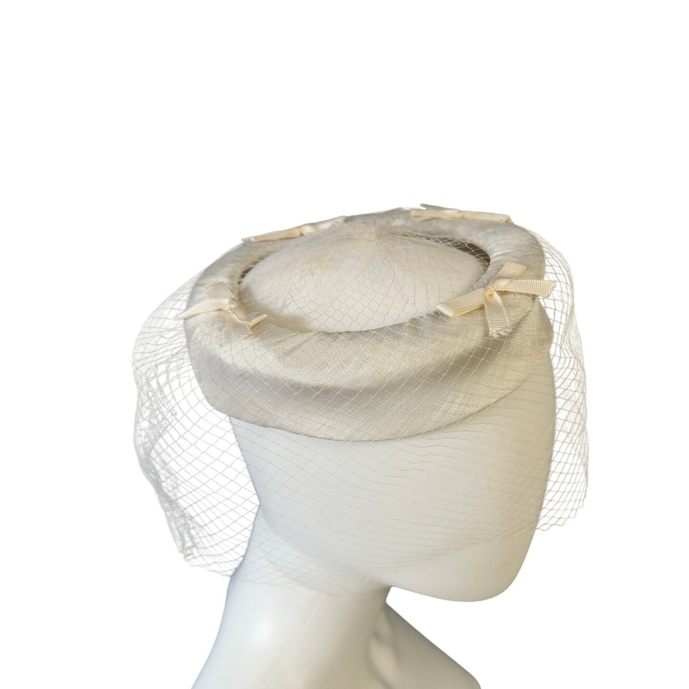 Vintage Louise Paris NY Bridal Satin Pillbox Hat Birdcage Veil Bows 1950s 60s JS